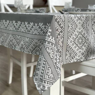 Скатертина лляна Карпатські полонини, колір сірий, люкс якість "Український орнамент" (У розмірах) (Під замовлення)