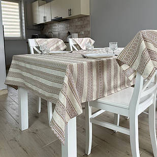 Скатертина лляна Прем'єр, колір: бежевий, "Український орнамент", люкс якість (Під замовлення, або стандартний розмір)