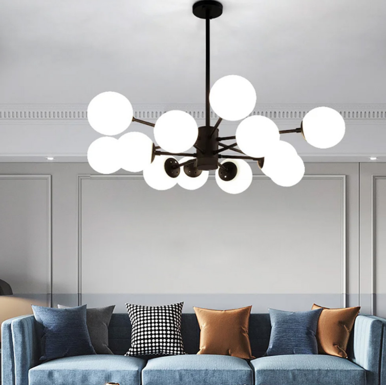 МІНІМАЛІСТИЧНА ЧОРНА ЛЮСТРА НА 12 БІЛИХ МАТОВИХ ПЛАФОНІВ CD 111/12 BK, фото 1