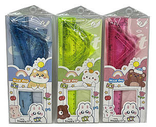 Набір лінійок 4 предмети неломайка (лінійка-20см,трикутник-2шт,транспортир) "Звірята"