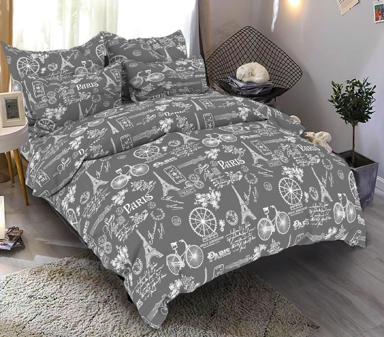 Односпальний комплект постільної білизни стандартний, принт: Париж сіре