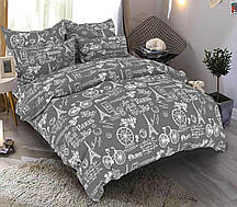 Двоспальний комплект постільної білизни стандартний, принт: Париж сіре