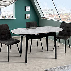 Овальний маленький розсувний обідній кухонний стіл 110х75 см стільниця кераміка на чорних ніжках Титан