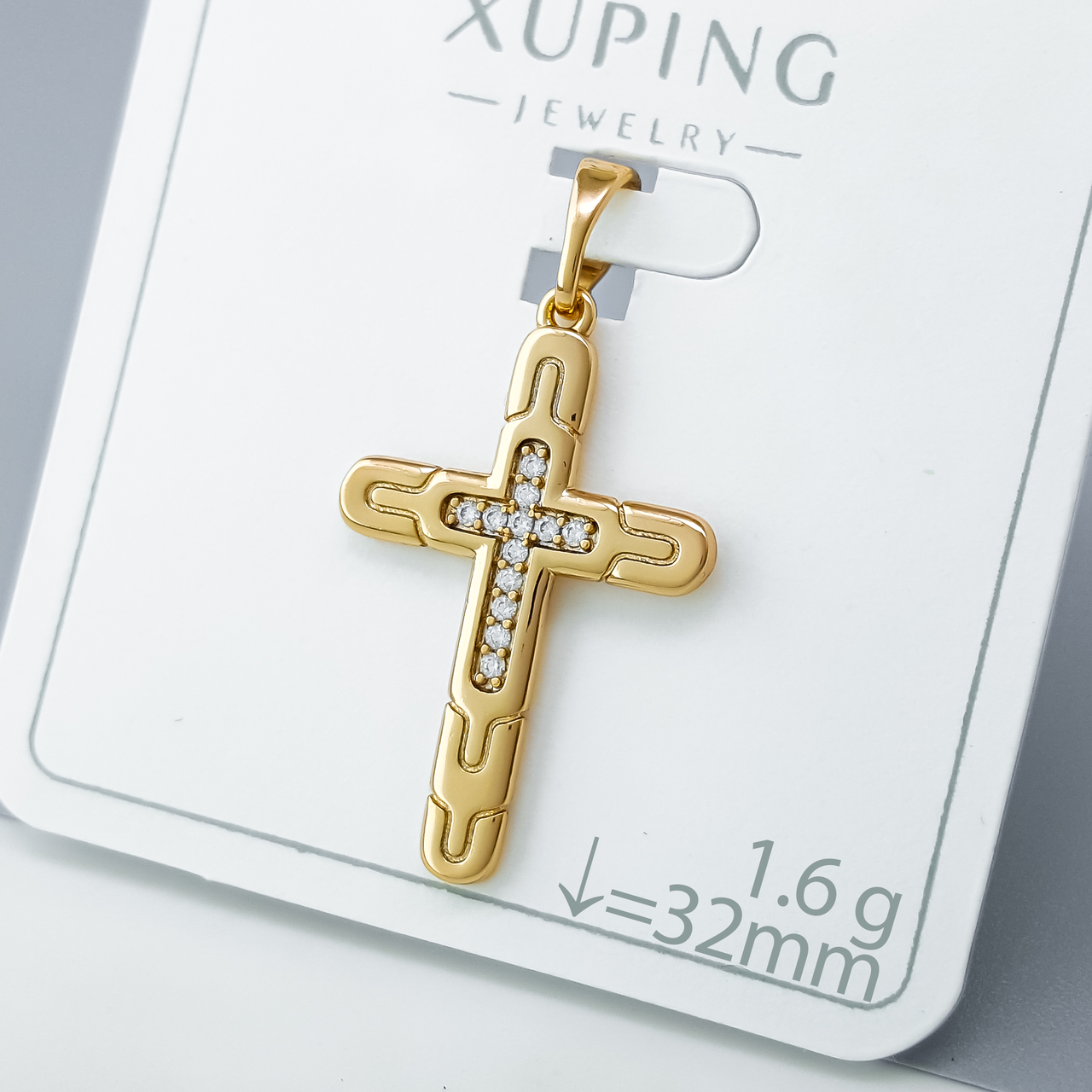 Хрест з візерунком та доріжками каміння, медичне золото Xuping 18К, фото 1