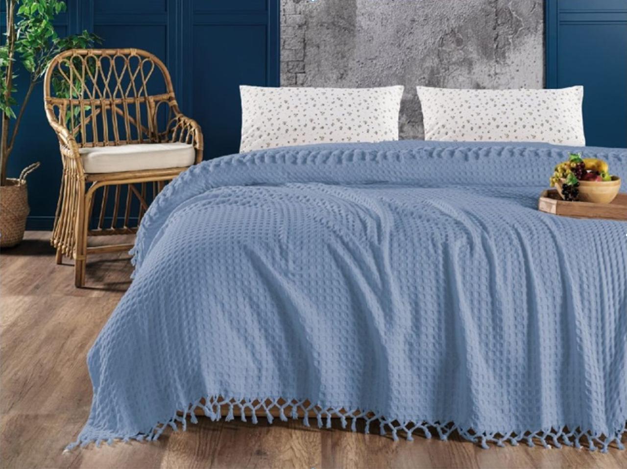Покривало вафельне La Rita 220*240см з бахромою, 3802_pike_blue