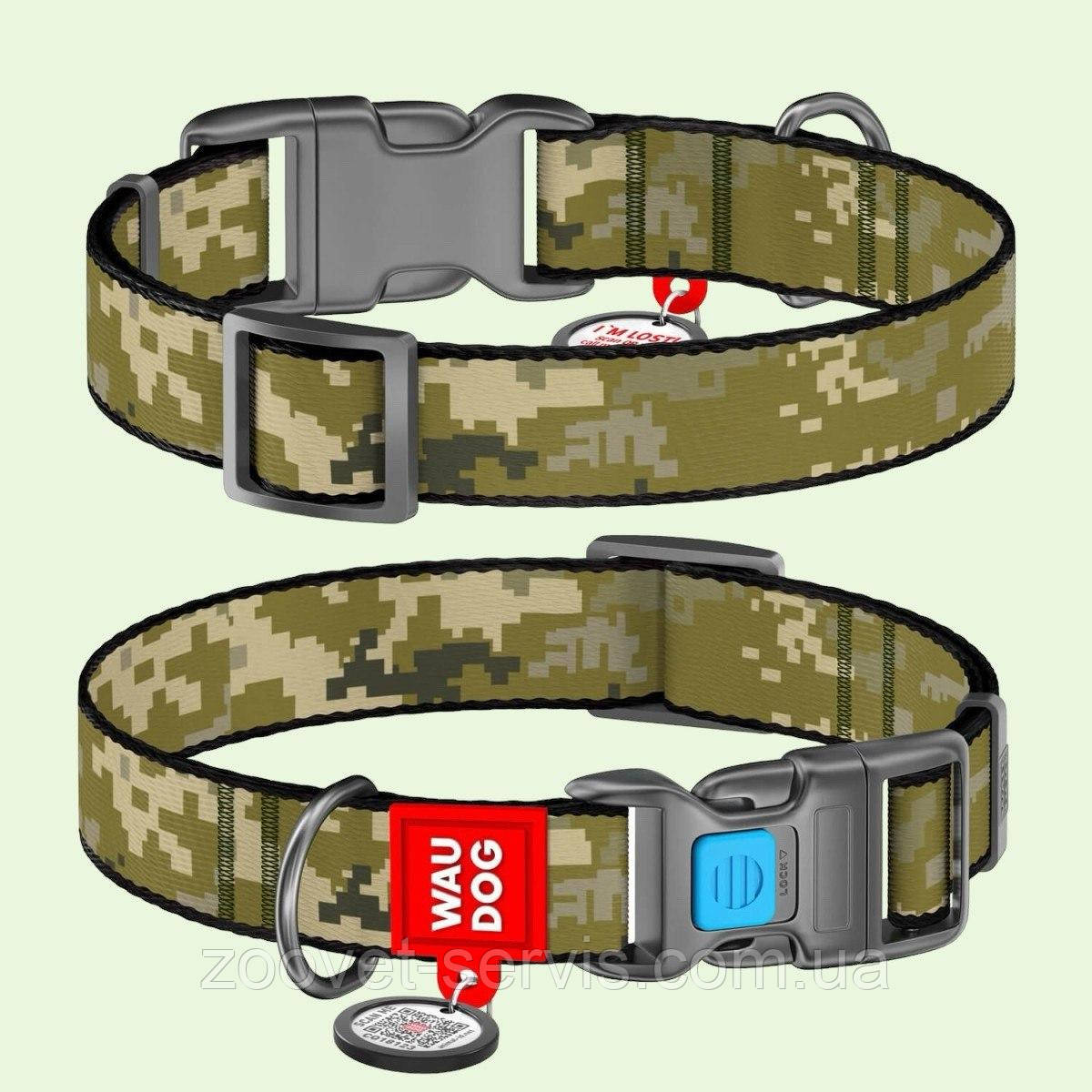 Нашийник для собак нейлоновий WAUDOG Nylon з QR-паспортом, малюнок Мілітарі S (25-35 см), ширина 15 мм 280-4026