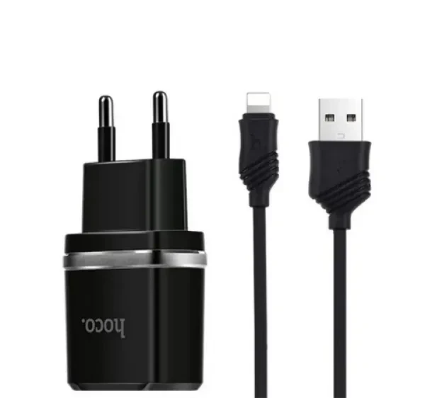 Мережевий зарядний пристрій для телефона Hoco C12 Black (2USB + Lightning Cable iPhone 6 2.4A ), фото 1