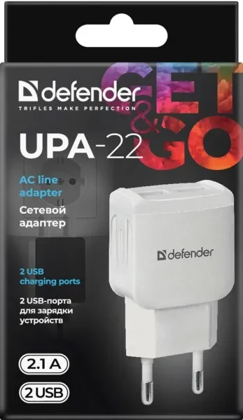 Адаптер живлення для телефона Defender UPA-22 White (83580) 2xUSB 2.1А, фото 1