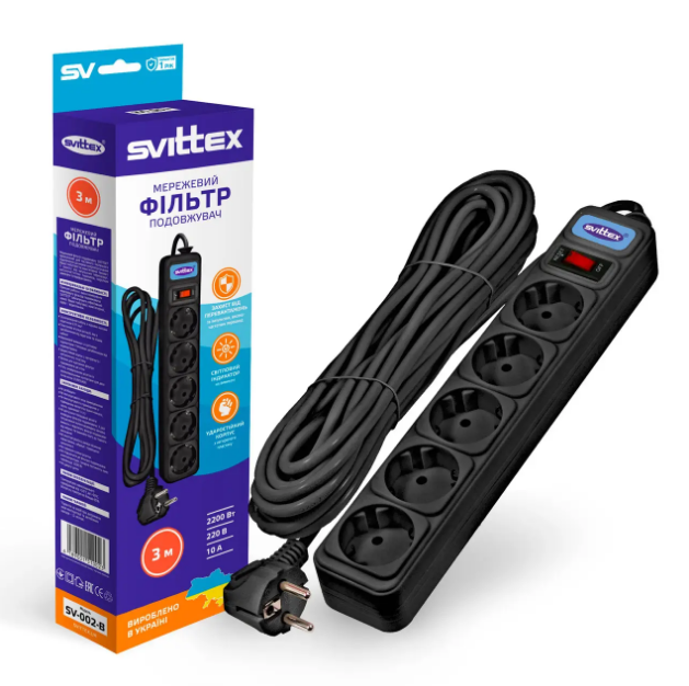 Мережевий фільтр-подовжувач "SVITTEX" 3.0 м (злиття дроту 3*0,75 мм2) 10 А 220 В