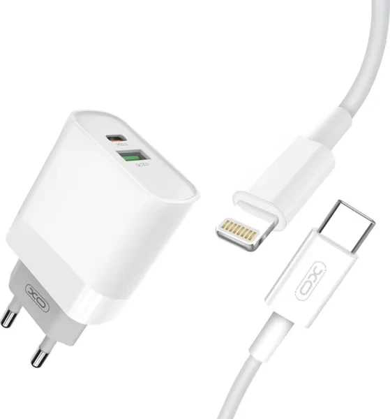 Мережевий зарядний пристрій для телефона XO L64 White + кабель Type-C to Lightning, фото 1