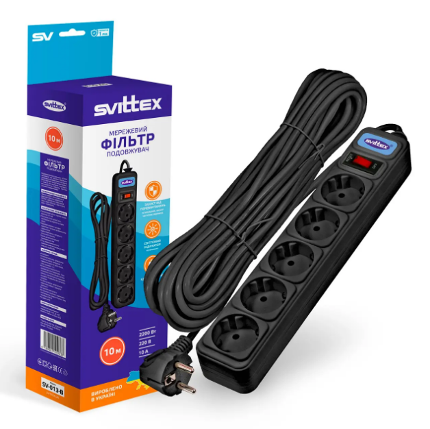 Мережевий фільтр-подовжувач "SVITTEX" 10.0 м (злиття дроту 3*0,75 мм2) 10 А 220 В