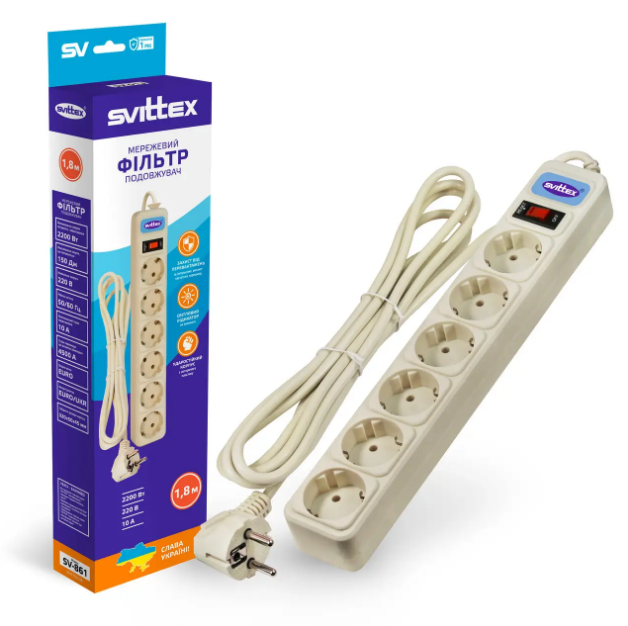 Мережевий фільтр-подовжувач "SVITTEX" 1.8 м 10 А 220 В