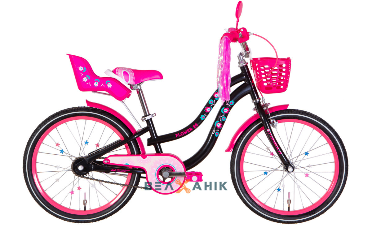 Велосипед 20" Formula FLOWER PREMIUM (рама 10") ST з корзиною та багажником для ляльок чорно-рожевий