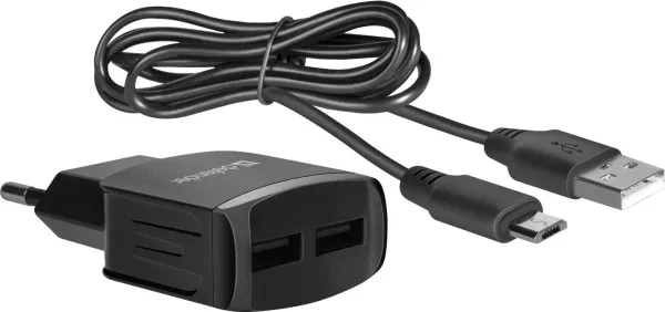 Мережевий зарядний пристрій для телефона Defender UPC-21 Black (83581) 2xUSB, 5V/2.1А з кабелем micro-USB, фото 1
