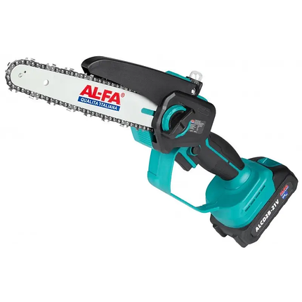 Потужна ручна акумуляторна ланцюгова пила AL-FA ALCMCS8-21V: з АКБ 21V 2.0 Аh, шина 20 см, вага 1.4 кг, фото 1