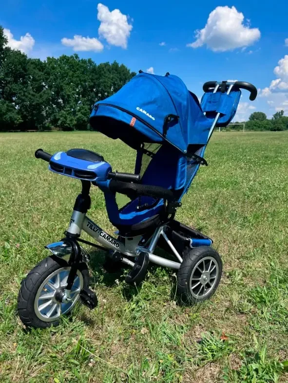 Дитячий триколісний велосипед — коляска TILLY Camaro T-362 синій з батьківською ручкою надувні колеса 12", фото 1