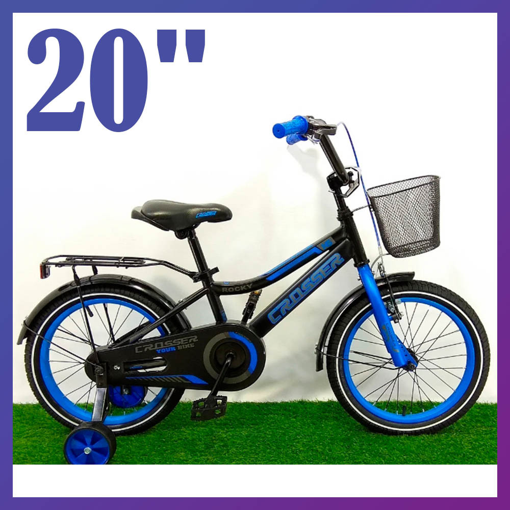 Велосипед дитячий двоколісний із кошиком Crosser Rocky 20" зріст 130-150 см вік 7 до 11 років чорно-синій, фото 1