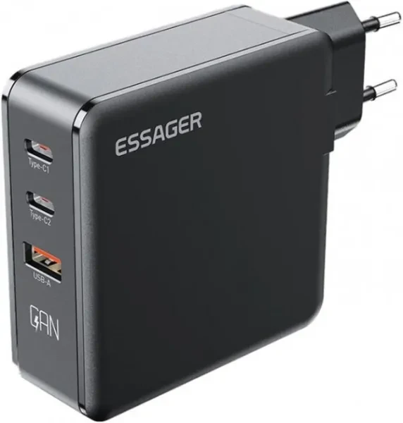 Адаптер живлення для телефона Essager Advance 140W GaN Travel Charger 2 C + USB A Black (ECT2CA-ZCB01-Z), фото 1