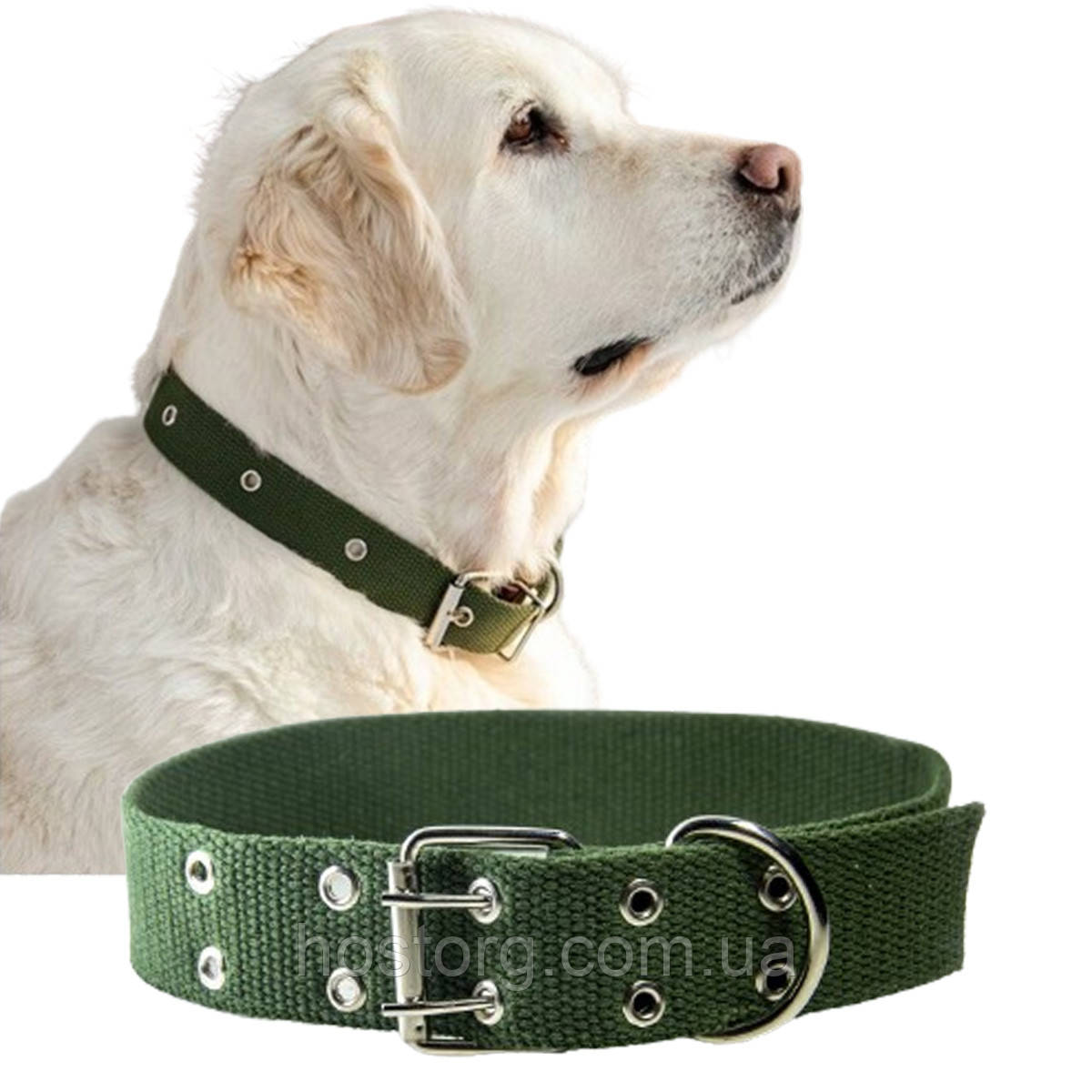 Брезентовий подвійний нашийник для собаки (ширина 45 мм довжина 80 см) ХАКИ посилений з двома пряжками
