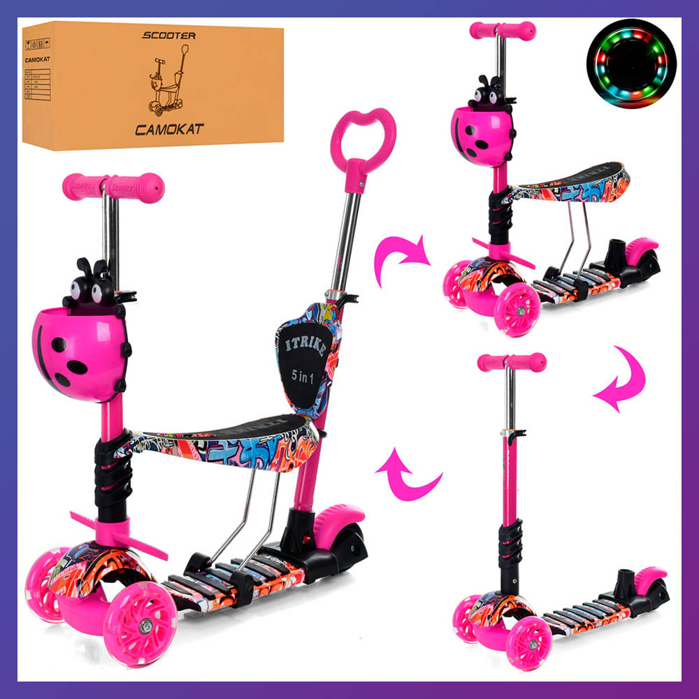 Дитячий триколісний самокат біговел із сидінням складаний iTrike JR 3-058-I-WP17 5в1 для дітей від 1 року рожеві, фото 1