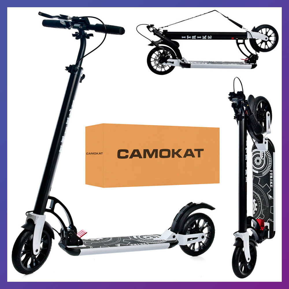 Самокат міський двоколісний для дорослих і дітей від 8 років з ручним гальмом ITRIKE 2-080-W білий, фото 1