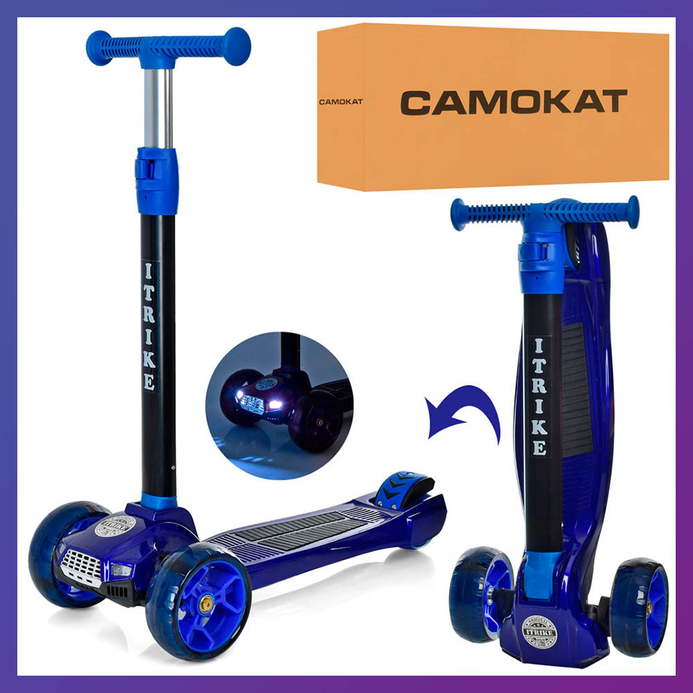 Дитячий міський самокат триколісний iTrike Maxi JR 3-060-39-BL з підсвіткою колеса та ліхтарик синій, фото 1