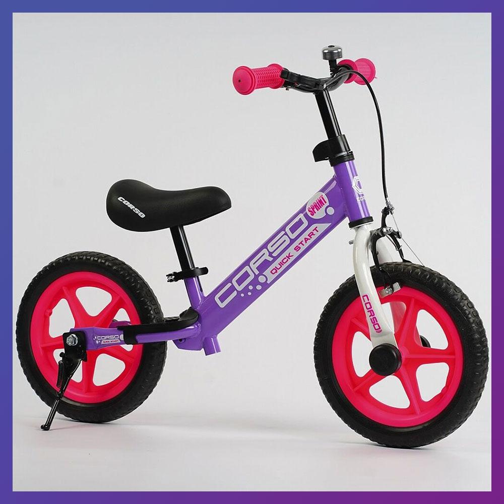 Дитячий біговел велобіг на сталевій рамі 12 дюймів Corso 19375 EVA колеса ручним гальмом підніжка фіолетовий, фото 1