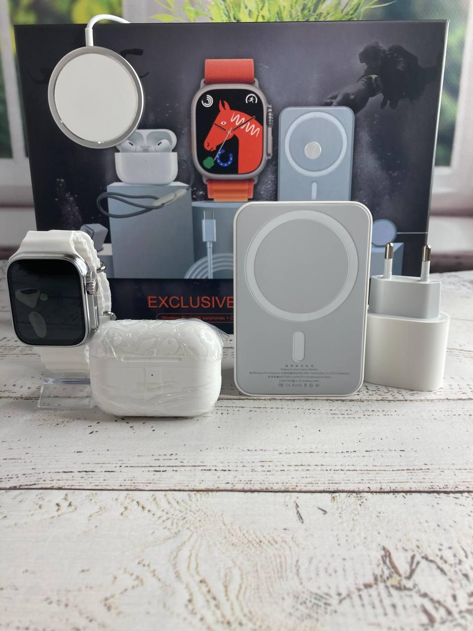 Набір 6 в 1 Смарт годиник SmartWatch Ultra Навушники Airpods бездротовий Павербанк Блок живлення бездротова зарядка, фото 1