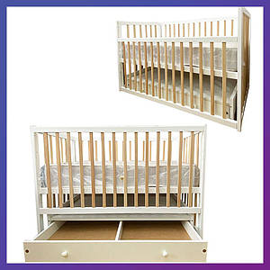 Дитяче ліжечко дерев'яна Софія маятник із відкидною боковушкою з шухлядою Білий + натуральний