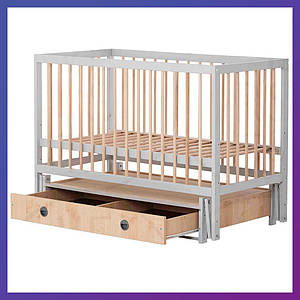 Дитяче ліжечко дерев'яна Софія маятник із відкидною боковушкою з шухлядою Сірий + натуральний