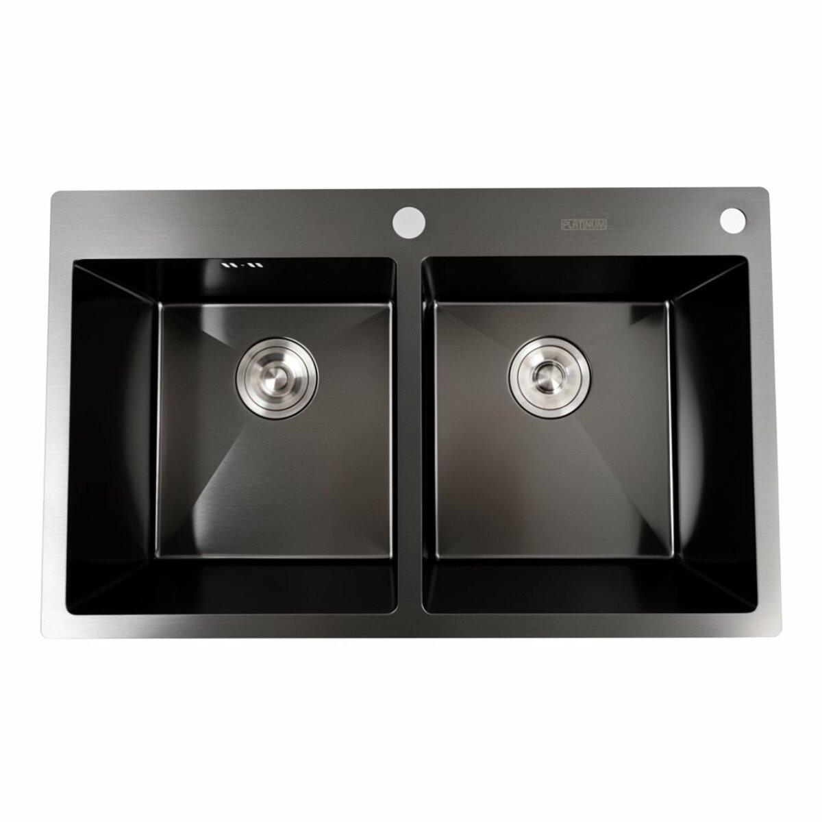 Кухонна мийка PVD чорна 78*48 на дві чаші Platinum Handmade HDB (круглий сифон, 3.0/0.8), фото 1