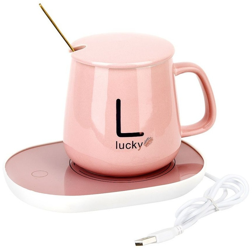 Чашка 350 мл на підставці з підігрівом до +55 °C, Рожева/Карка керамічна з ложкою в подарунковому пакованні, фото 1