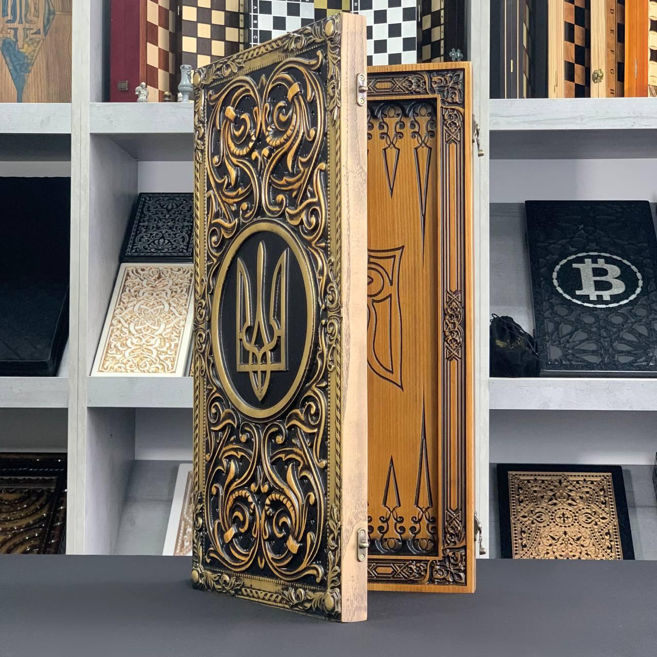 Нарди дерев'яні ручної роботи подарункові Тризуб 68×32см, фото 1