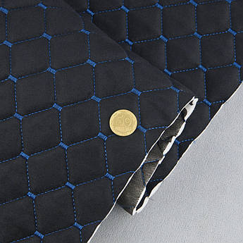 Автотканина Dinamika стьобана «Чорний Ромб з синьою ниткою», на поролоні 7мм та флізеліні, ширина 135см