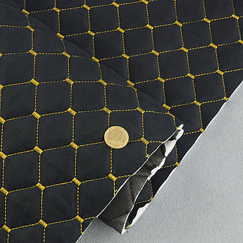 Автотканина Dinamika стьобана «Чорний Ромб із золотою ниткою», на поролоні 7мм та флізеліні, ширина 135см