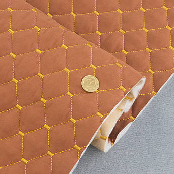 Автотканина Dinamika стьобана «Мідний Ромб з золотою ниткою», на синтепоні 7мм та флізеліні, ширина 135см