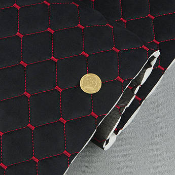 Автотканина Dinamika стьобана «Чорний Ромб з червоною ниткою», на поролоні 7мм та флізеліні, ширина 135см