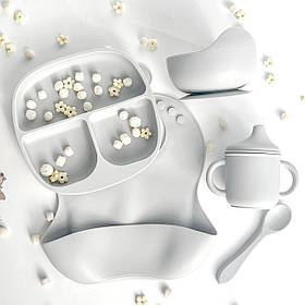 Силіконова секційна та глибока тарілка на присосках, слюнявчик, поильник носик, ложка/ дитяча для прикорму