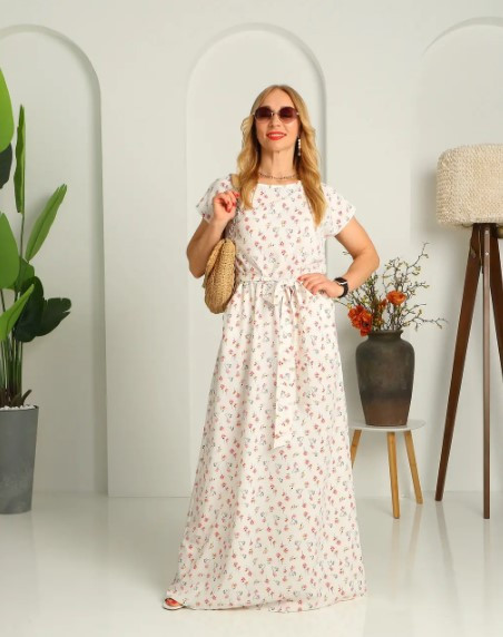 Сукня довга літня в молочному кольорі принтована квітами "Аліна". Розміри від 44 до 58