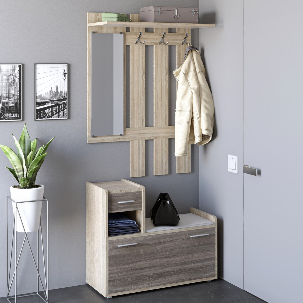 Передпокій із дзеркалом Тандем (лівостороння) Дуб сонома, Трюфель Еверест (90х38х200 см), фото 1