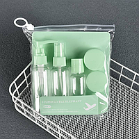 Дорожній набір флаконів і баночок для косметики 8 ємностей у прозорій косметичці зелений