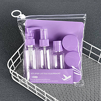Дорожній набір флаконів і баночок для косметики 8 ємностей у прозорій косметичці фіолетовий