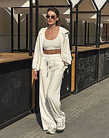 Жіночий стильний велюровий прогулянковий костюм-трійка кофта штани палаццо на високій посадці топ