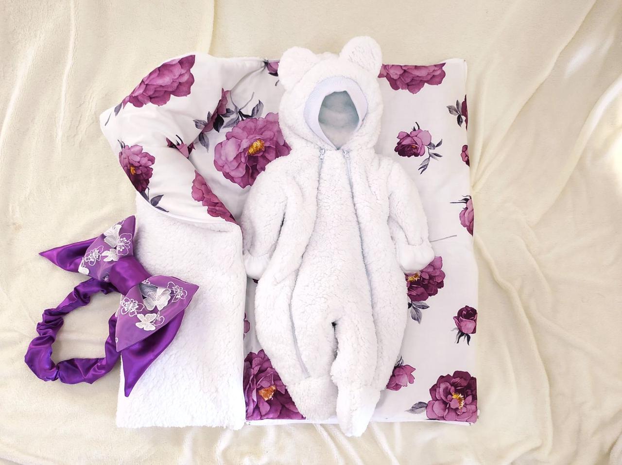 Хутряний комплект Тедді для новонароджених, трансформер та комбінезон 56-62, білий з принтом півонії, фото 1