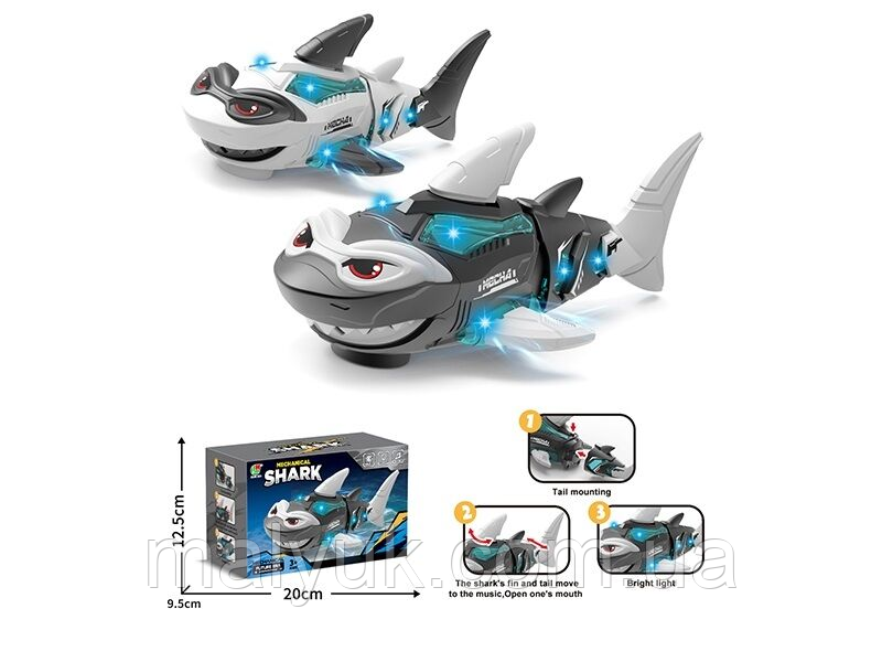 Музична акула сірого кольору, підсвічування, музика, їздить, рухливий хвіст, щелепа та плавець