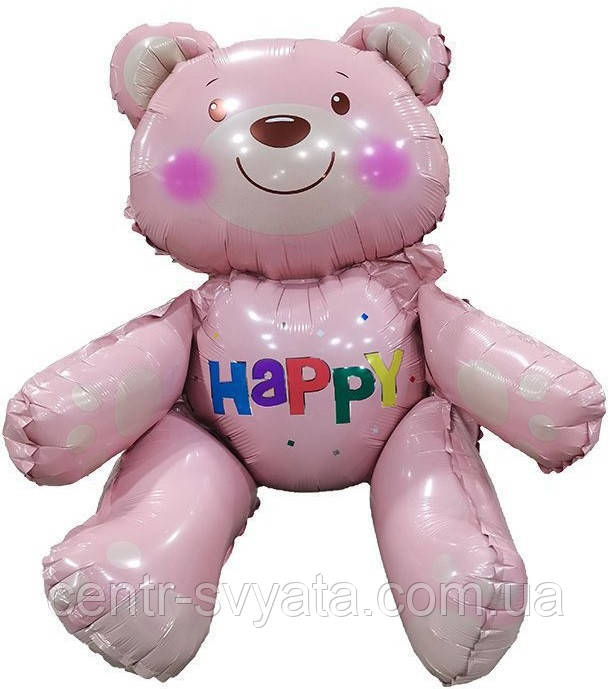 Фольгована кулька КНР (70х57 см) Ведмедик "Happy" 3D рожевий