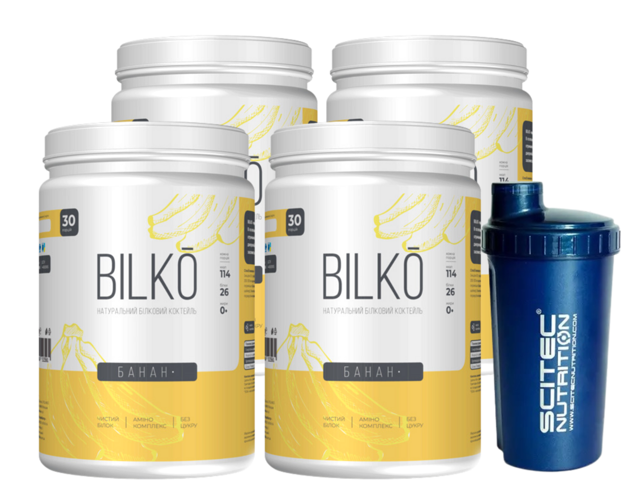 Протеїн Bilko 4 банки 120 порцій 120 порцій смак Банан і Шейкер, фото 1