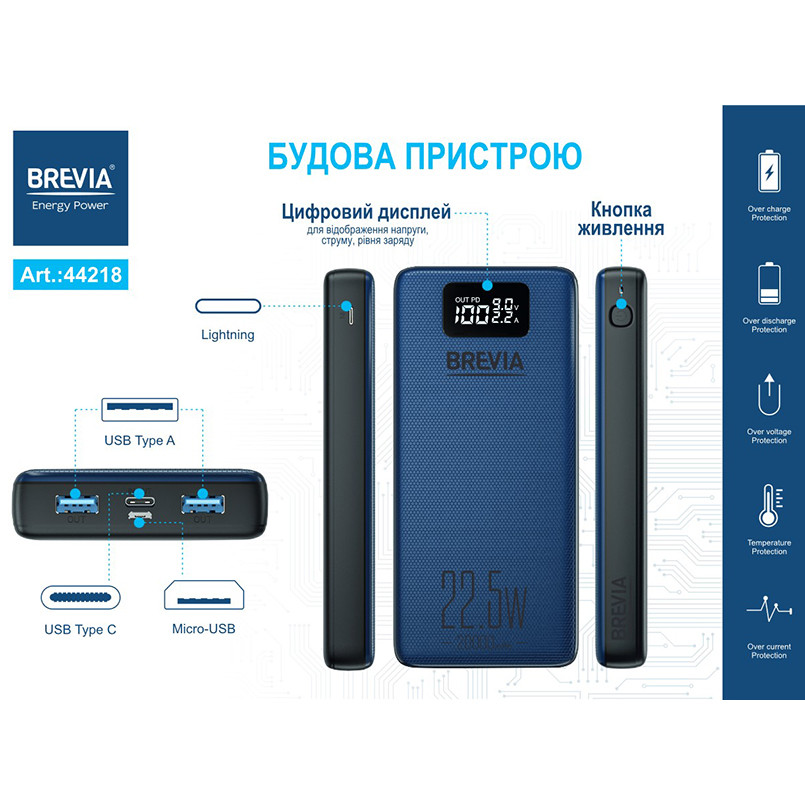 УМБ BREVIA 20000mAh 22,5W, Li-Pol, LCD (16 шт.)