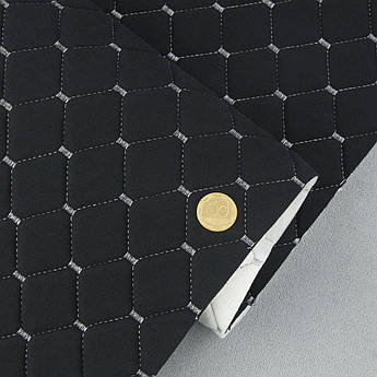 Велюр Venus стьобаний «Чорний Ромб прошитий світло-сірою ниткою» на поролоні 6мм та флізеліні, ширина 140см