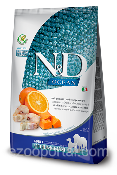 Сухий корм для собак Farmina N&D Grain Free OCEAN ADULT MEDIUM & MAXI 12кг з тріскою та апельсином